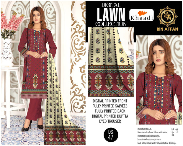 3 pcs Womans Unstitched lown Suit